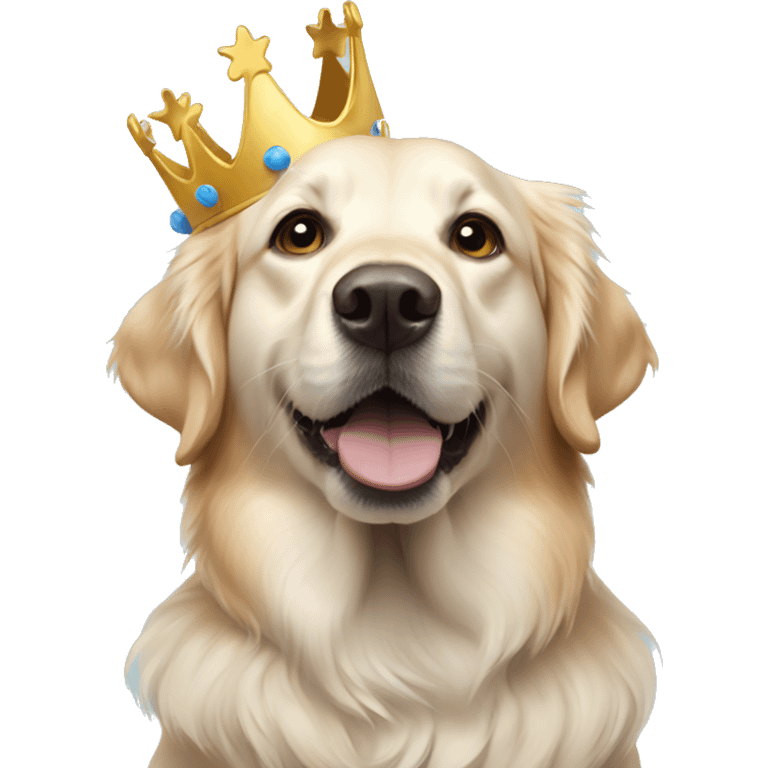 A white, golden retriever with a blue birthday crown emoji