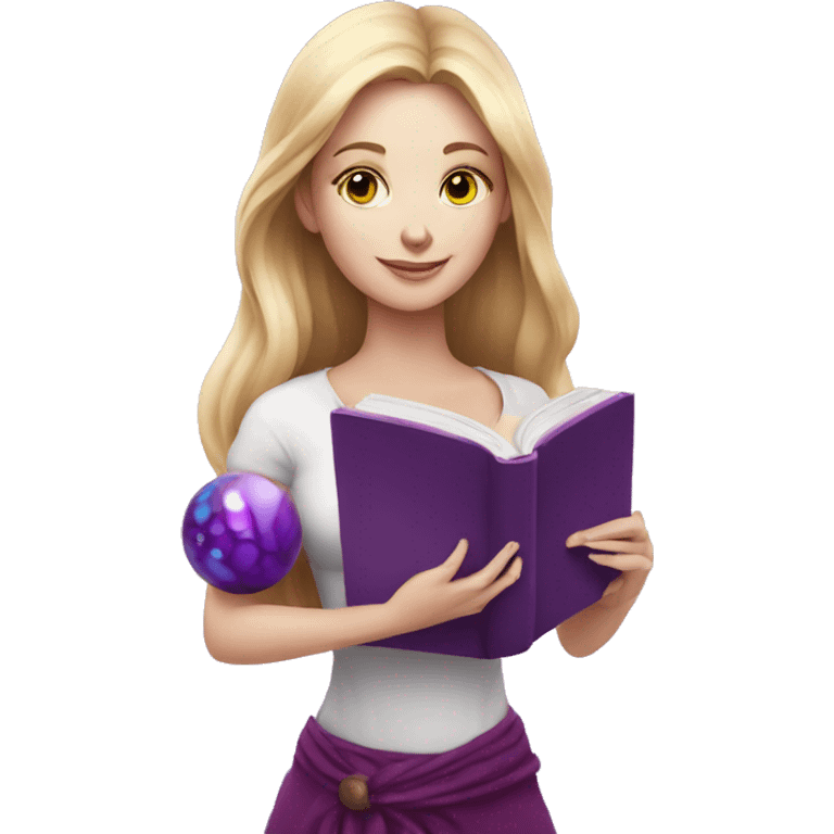 white skinned woman with magic book and purple magic sphere emoji