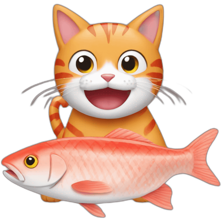 Striped cat eats red fish emoji