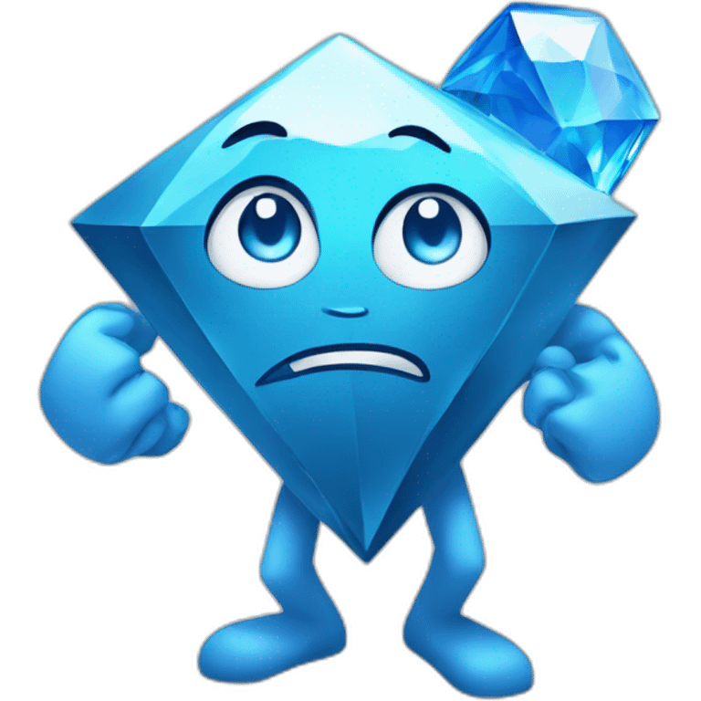 A blue diamond with a face, arms and legs doing something random and with a sad face emoji