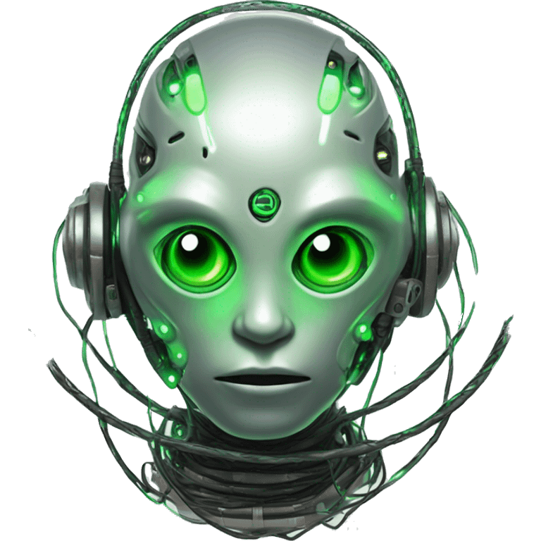 Round Alien cyborg head with glowing wires and green eyes  emoji