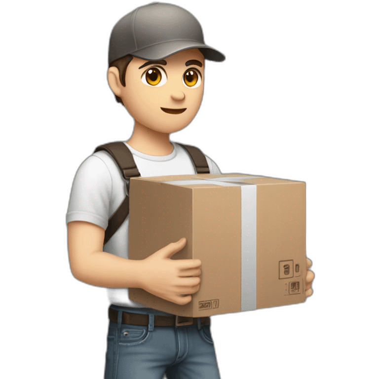 Pale skinned fit Man with dark brown hair in a black cap, gray jeans and brown polo T-shirt keeping a pasted with tape white box into his hands emoji