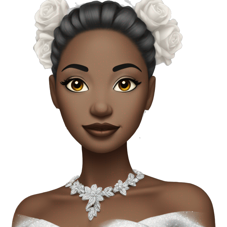 African bride. Glitter makeup. Sleek low ponytail. Silver jewelry. Holding flowers. Eyes closed. emoji