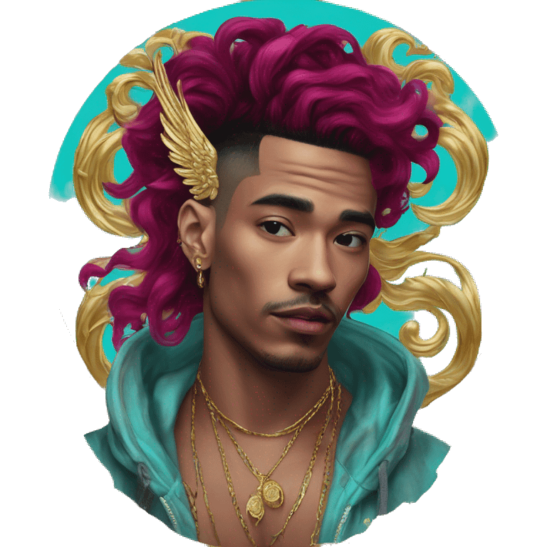 Vintage patina intricate swirls gold jewellery baroque raven wings angel tropical Deep pink maroon burgundy cyan dark hoodie man vitiligo dyed hair gold piercings nose piercing ear piercings emoji