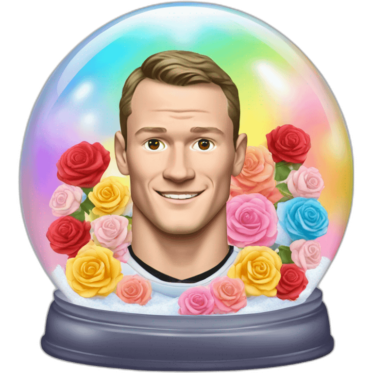 Jonathan Toews inside a rainbow snow globe with pastel roses emoji