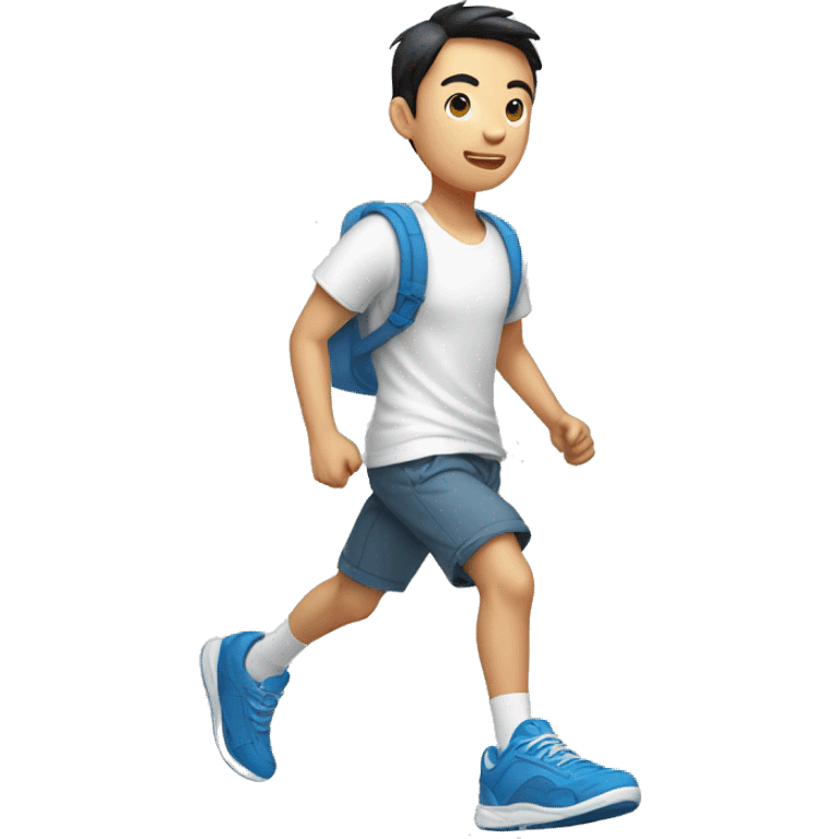 teen men asian with short pants, white shirt sarcasm imprint, colorful teel blue running shoe emoji