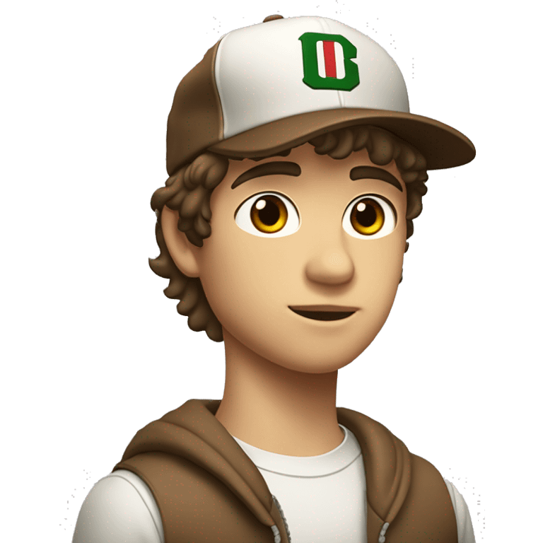 Teenager boy type italian, White skin, with baseball cap backwards with wavy brown hair (Which go down behind to the nape of the neck), Little bit dezoom emoji