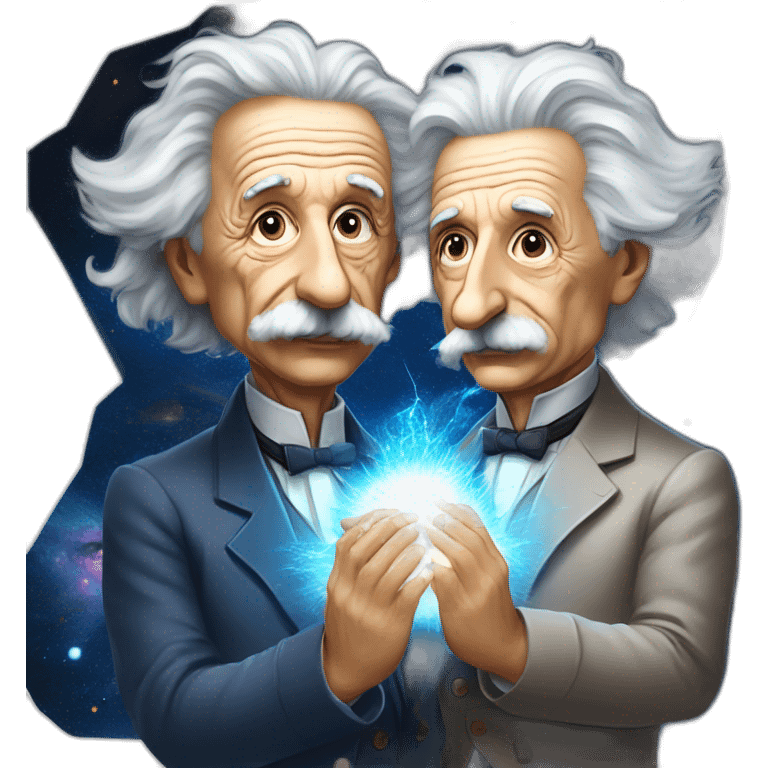 Albert Einstein with a galaxy ins his hands and Nikola Tesla with beams on his Hands back to back emoji