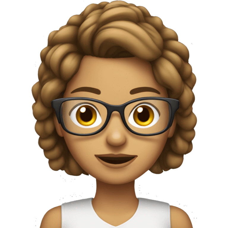 chica blanca con lentes de cabello castaño con computadora o celular emoji