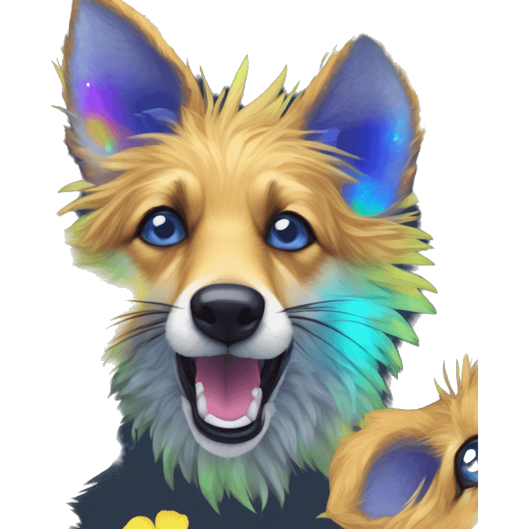  brindle fluffy lurcher Alsatian fox running blue eyes fluffy ears and iridescent holographic oilslick harness wearing paper iridescent tropical flower crown yellow caution tape neon sign emoji