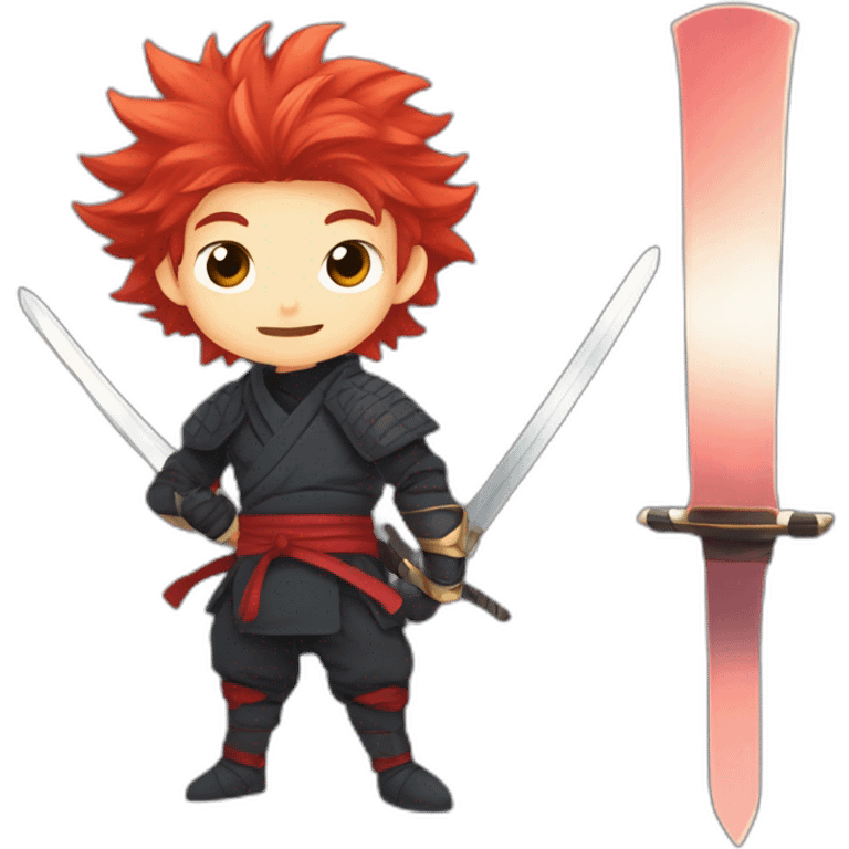 Anime ninja with Red haired young boy with cheeky grin and pointy fluffy hair with a sword in a defense pose emoji