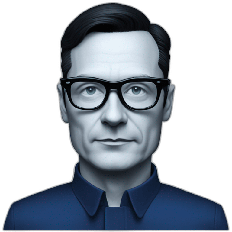 photo realistic Ralf Hutter from Kraftwerk, short straight black hair, black glasses, Dark Blue T-shirt, lean, riding black tesla model 3 emoji