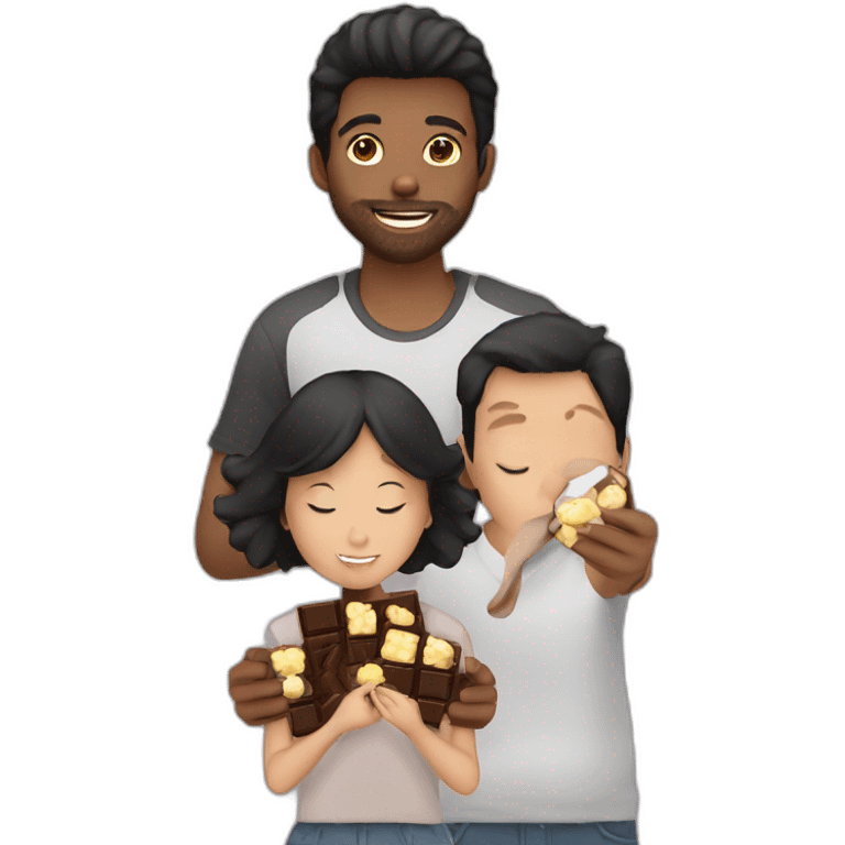 Young boyfriends eating chocolates. the boy has a beard and the girl has straight black hair emoji