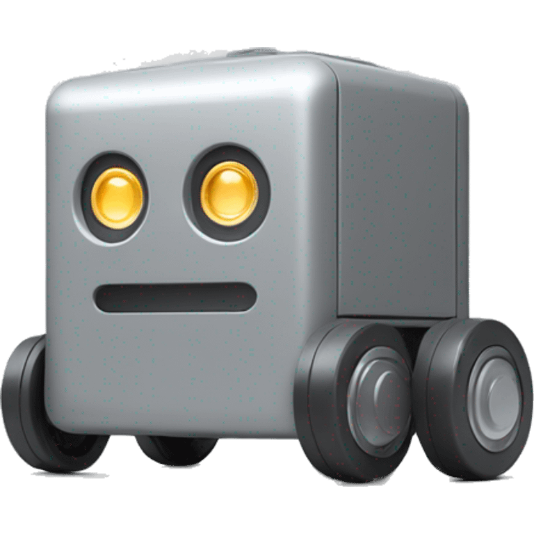 solid rectangle gray delivery robot with white circle white led eyes and opening lid on 4 wheels with food, minimalistic design emoji