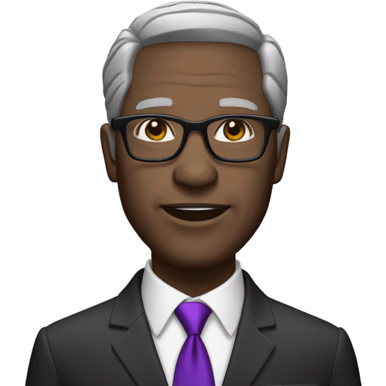 African American Man in His 60s wearing Wearing a tailored black suit with a purple tie and pocket square, short gray hair, glasses. emoji