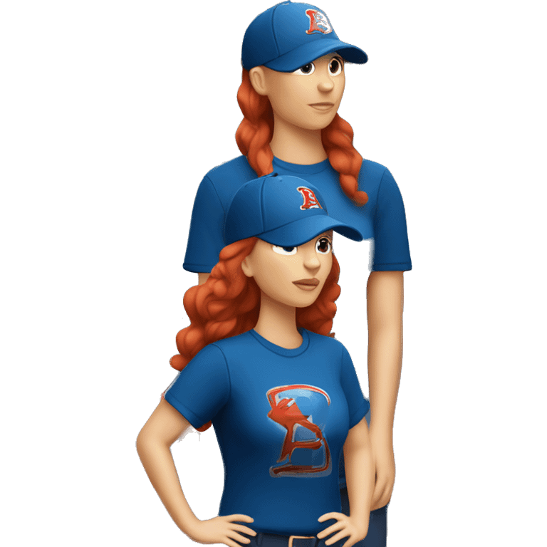 standing up white female coach with long red hair in blue simple t-shirt and with a simple blue baseball hat emoji