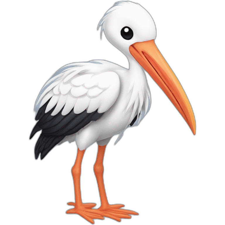  white stork with a long beak. The stork is carrying a bundle of cloth in its beak that has a cute baby human and his face peeking out from it emoji