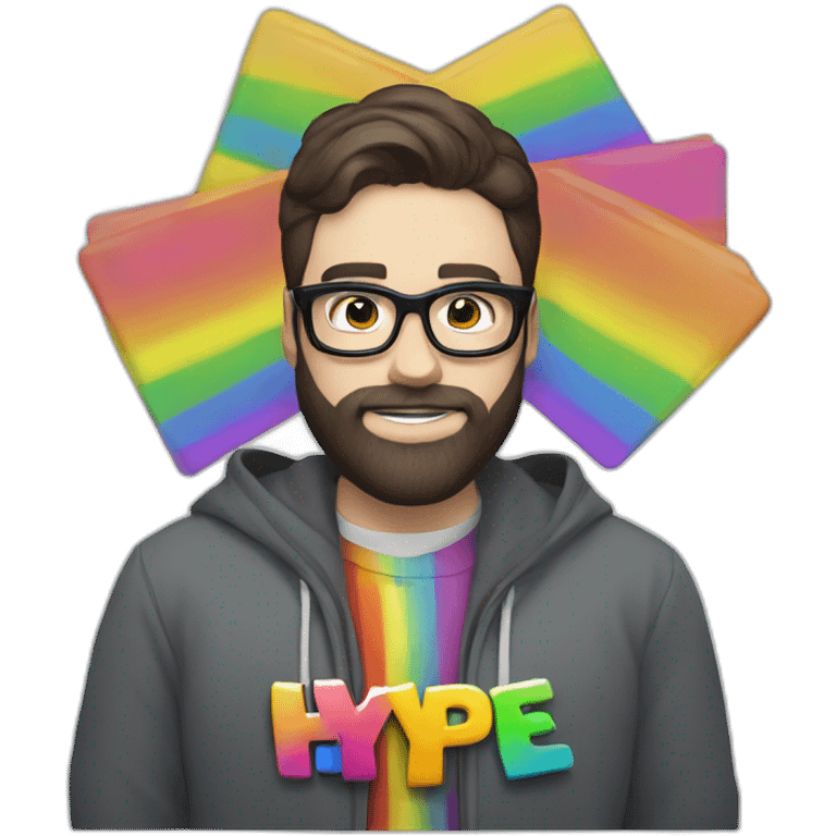 400 pound white man with dark hair and dark beard beard and glasses holding a sign that reads "hype" in rainbow colors emoji