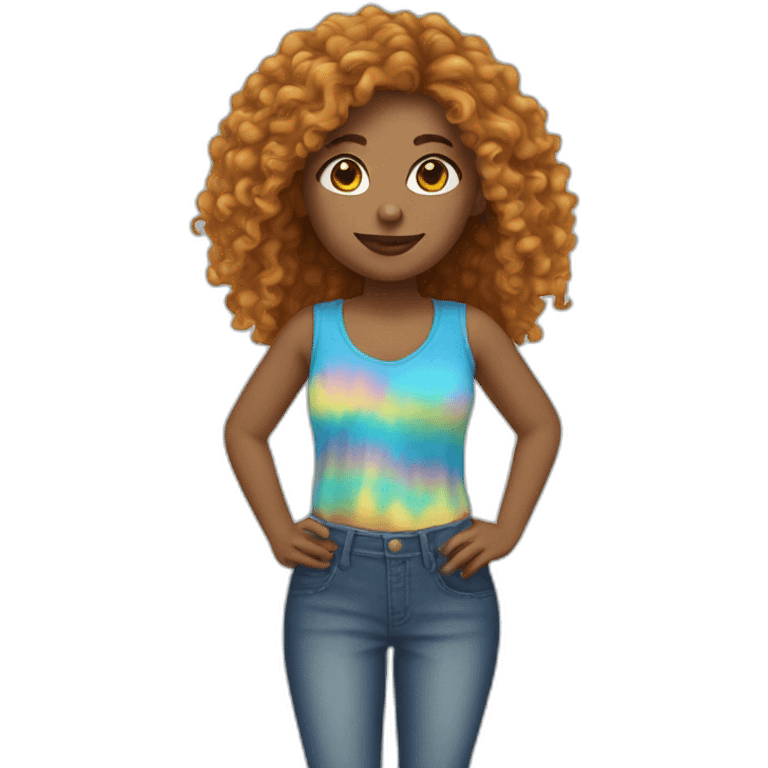 long curly hair woman wearing tiedye emoji