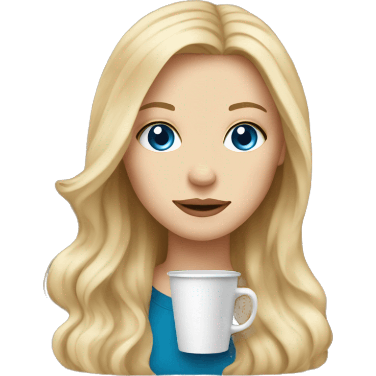 White girl with blue eyes and long dirt blonde hair with a coffee emoji