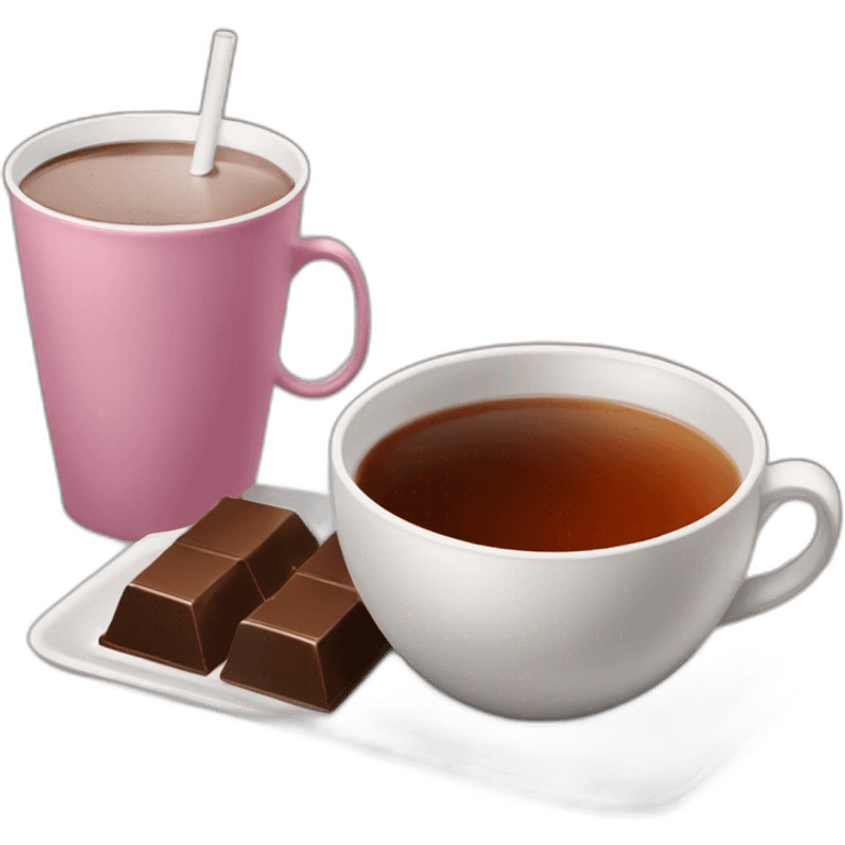 A cup of tea and a bar of chocolate near to a cup emoji