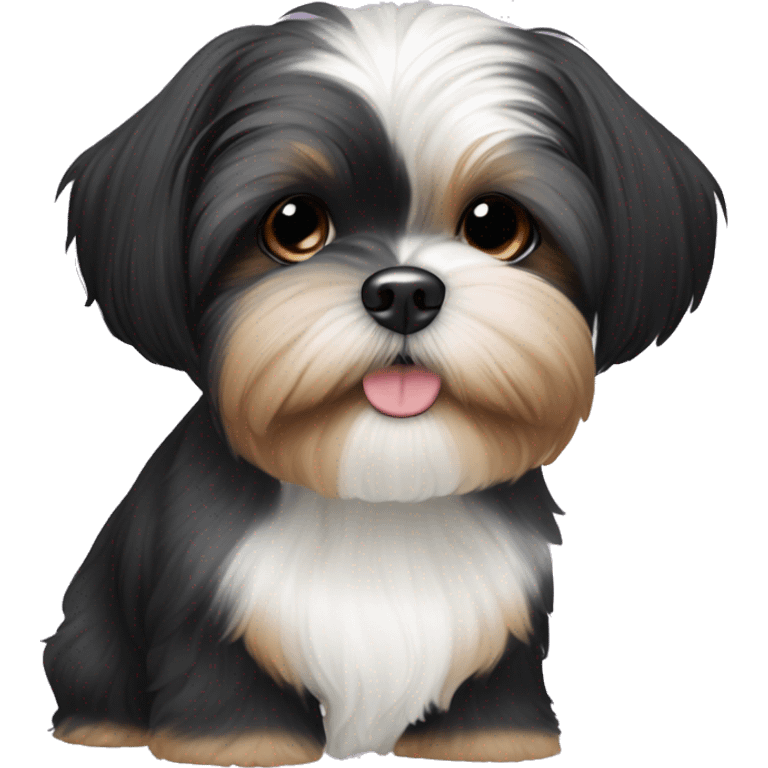 Shih tzu black puppy, yorkie coloring with light colored eyebrows. Round face, short ears  emoji