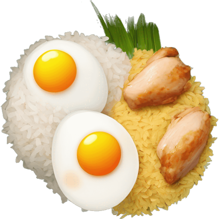 a bowl of rice with two eggs and two chicken emoji