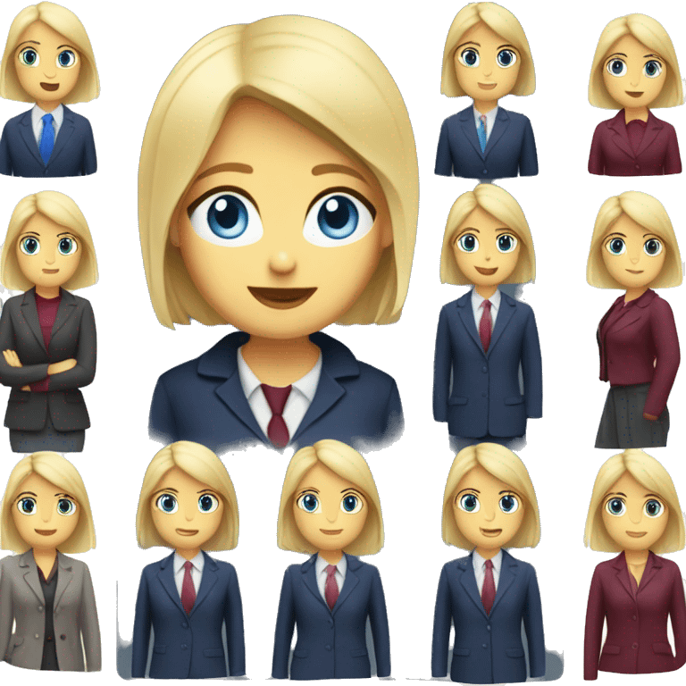 An adult girl, blue eyes, straight bob blond hair, dark blue jacket suit, burgundy red office shirt. emoji