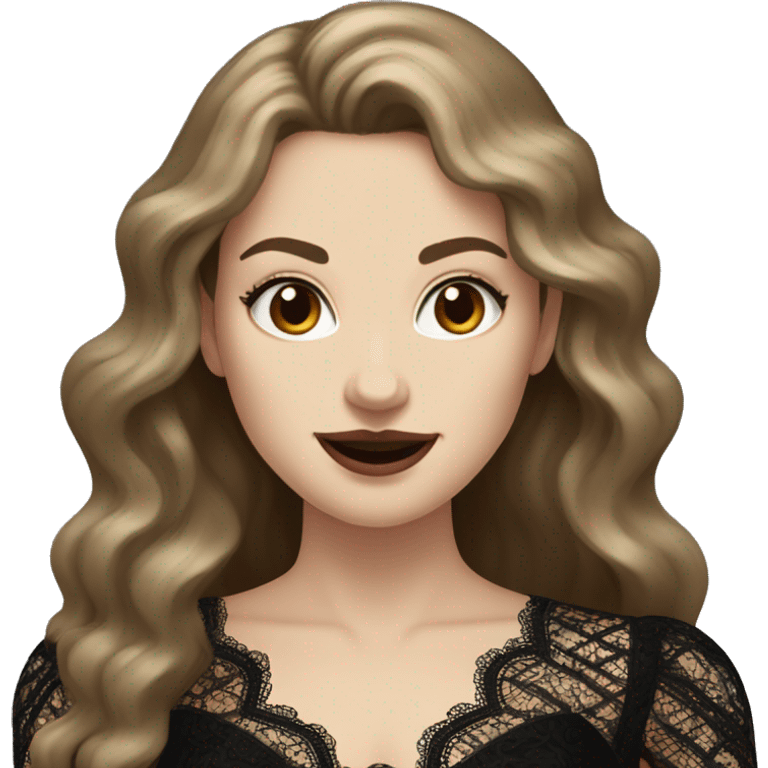 White Woman, Sharp Vampire Teeth, Long Wavy Brown Hair, wearing a black lace dress  emoji