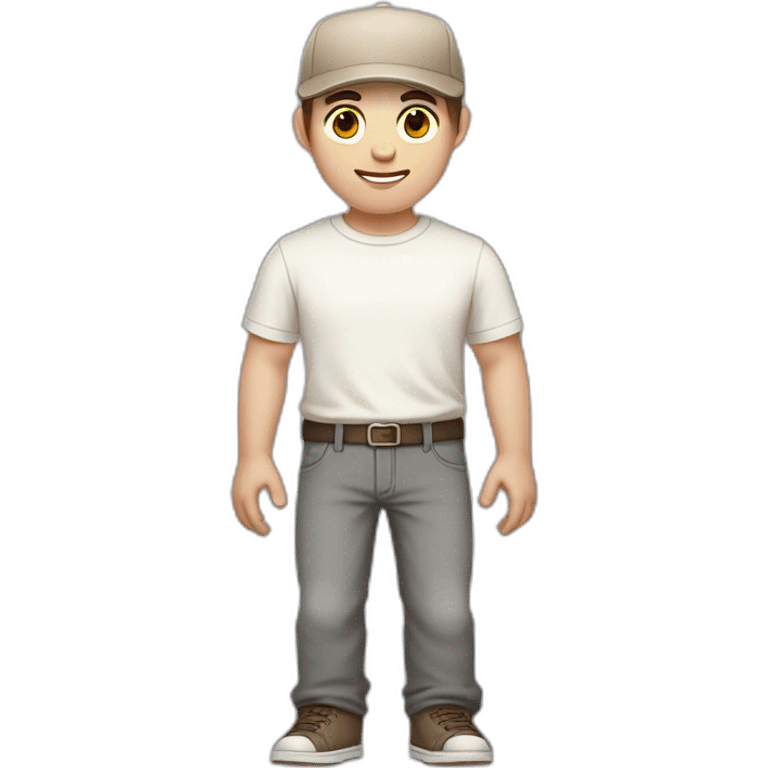 Pale skinned fit Man with dark brown hair in a beige cap, gray jeans, brown polo and white T-shirt keeping a pasted with tape white box into his hands emoji