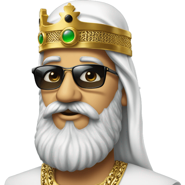 A man in an arafat with a large black beard and large square sunglasses, wearing a golden crown on top of the arafat emoji