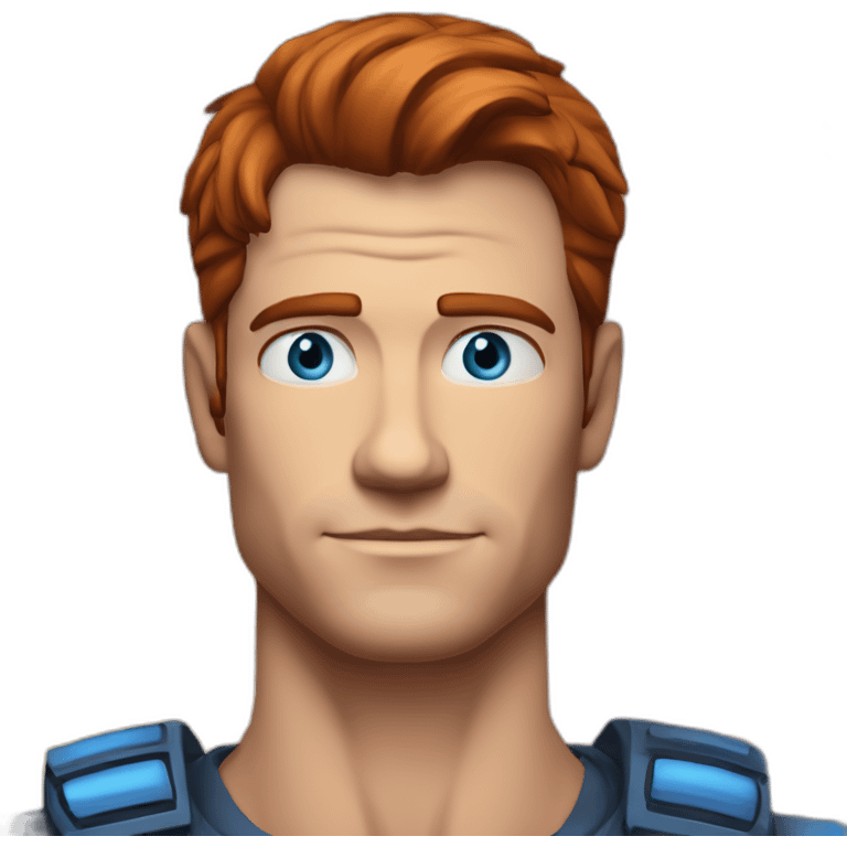 Ryan mycpartlin Space captain Blue eyes neatly combed back red hair handsome chiselled jaw sharp cheekbones emoji