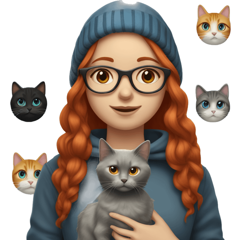 A long hair red headed girl with blue eyes, light skin, black glasses, a nose ring, holding an all grey cat  emoji