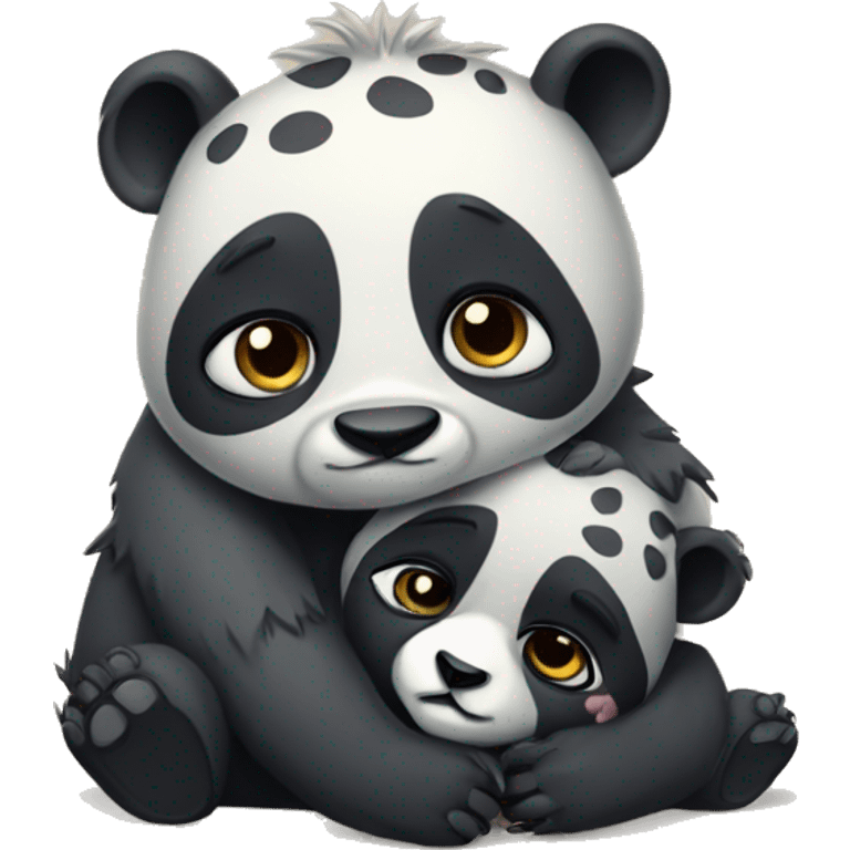 A panda hugging a hyena in a sad mood emoji