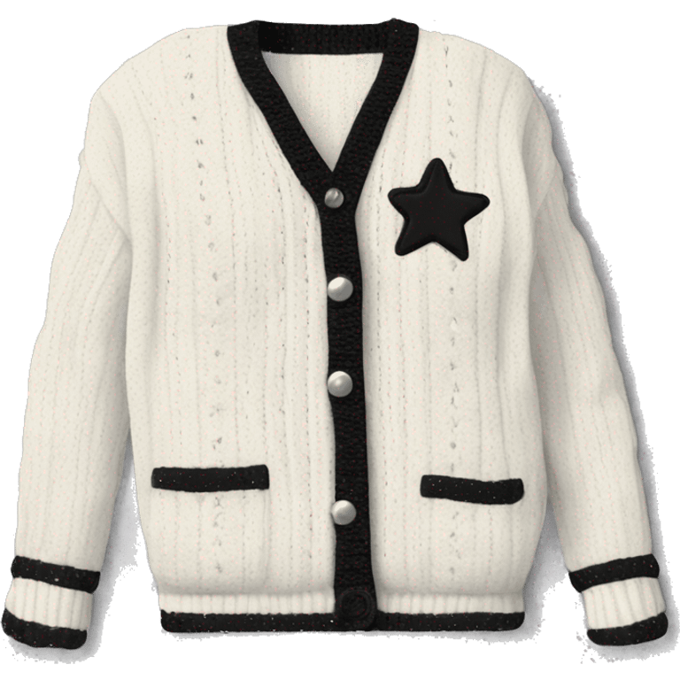 A white cable-knit cardigan with black trim and silver stars. The cardigan has a v-neck, long sleeves, and buttons down the front. There is an embroidered "folklore" patch in the upper right corner.  emoji