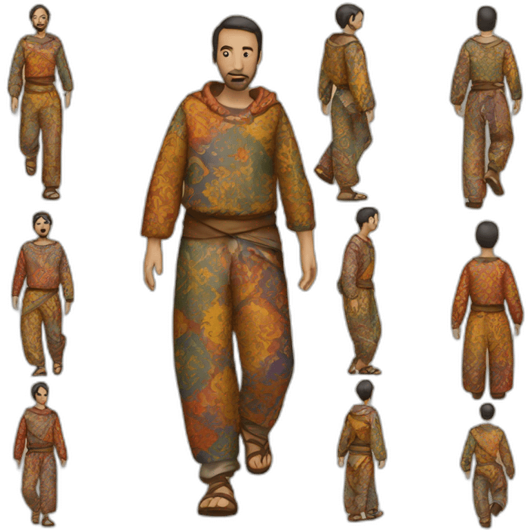 person wearing colorful pattern wide pants, walking, medieval emoji