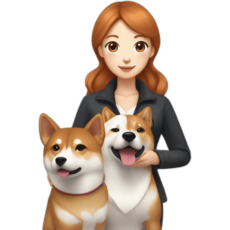 A pretty Shiba and a large white Hokkaido accompanied by their mistress, a woman with curly auburn hair. emoji