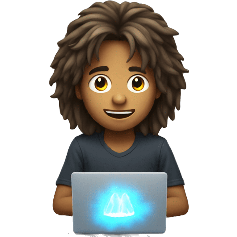 Long haired boy playing on the computer and it lights up emoji