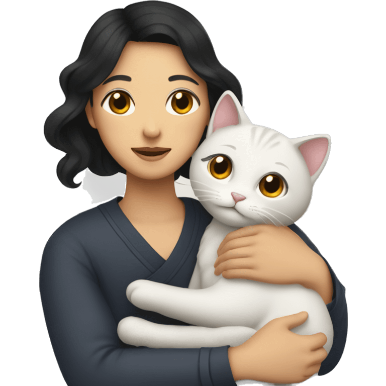 Asian Woman with black wavy hair hugging asian man holding a cat emoji