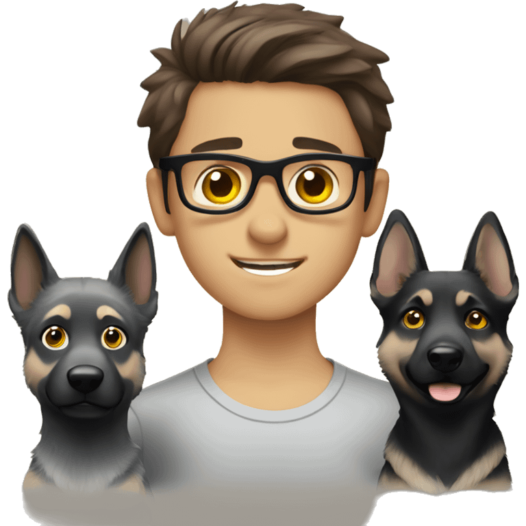 a boy with brown hair, black glasses and grey eyes with the grey german shepherd with yellow eyes emoji