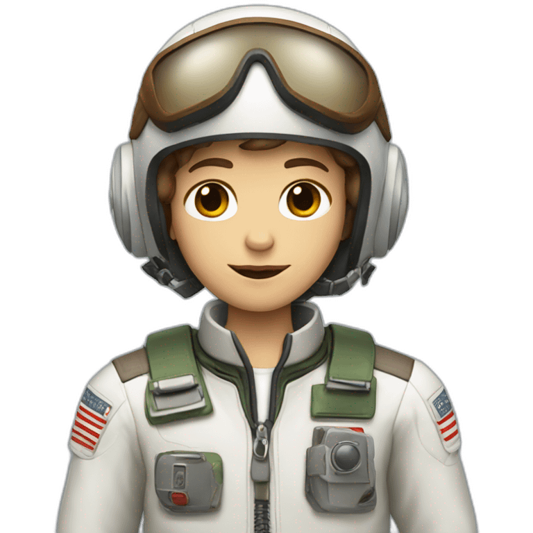 A white young boy with brown hair and a airplane pilot suit and a radio helmet emoji