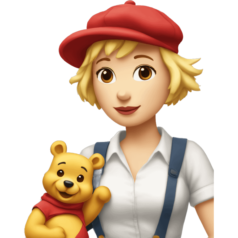 parisien style white female pooh, with red beret on head like painter and baguette in arms, and with eiffel tower in background emoji