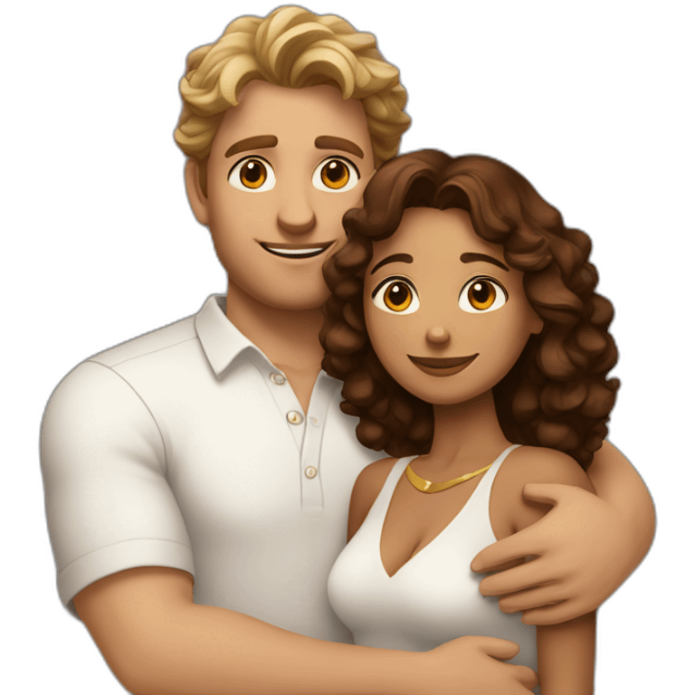 Indian woman with medium curly hair hugging a tall white man with brown hair in a white shirt emoji