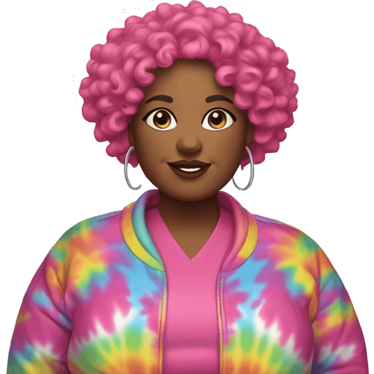 Plus size black woman with pink curly short hair and a tie dye jacket  emoji