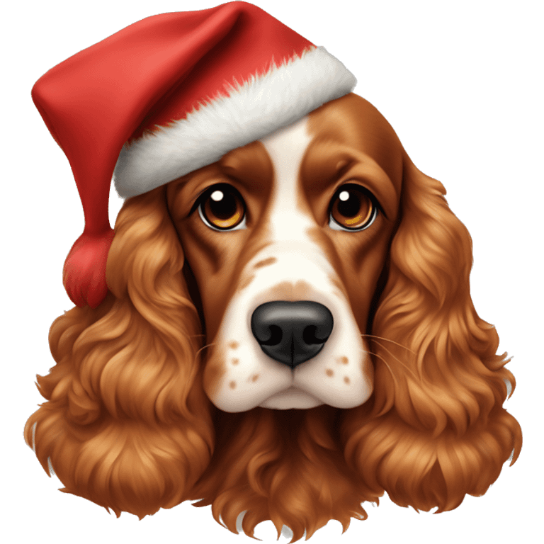 A full-length, adult, red cocker spaniel in a New Year's cap, siting emoji