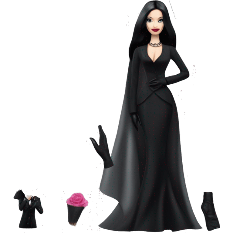 Parisienne Pretty Barbie,Morticia Addams at a rainy funeral holding umbrella. funeral mask,gloves, small purse  emoji