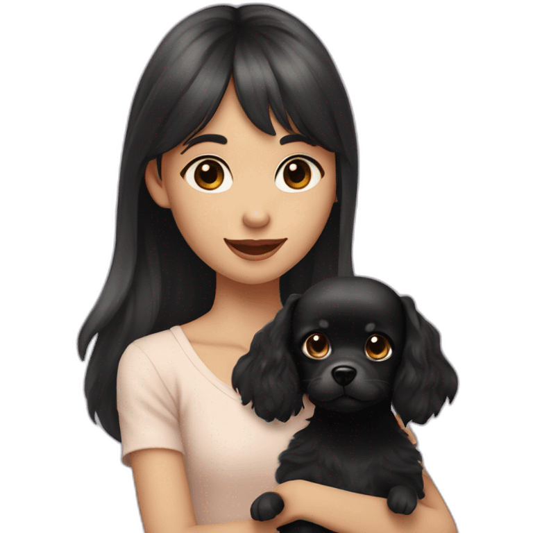 young girl with long wavy hair, short bangs, pale skin holding her little black chichuachua dog with big ears emoji