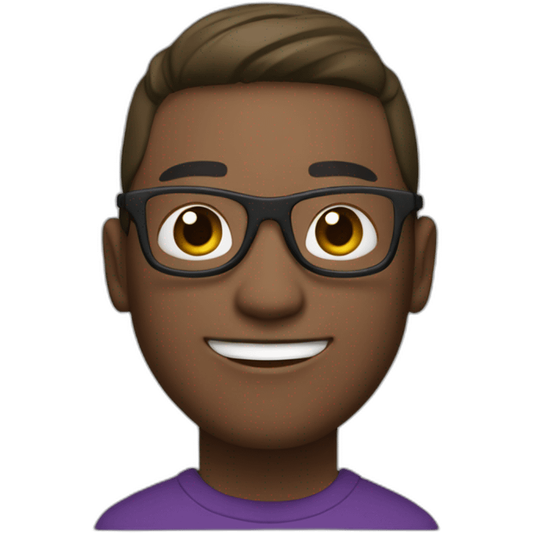 a smiling guy with purple glasses, a purple hoodie, black pants, brown and white shoes, a green cap surrounding his head (except his face) and   emoji