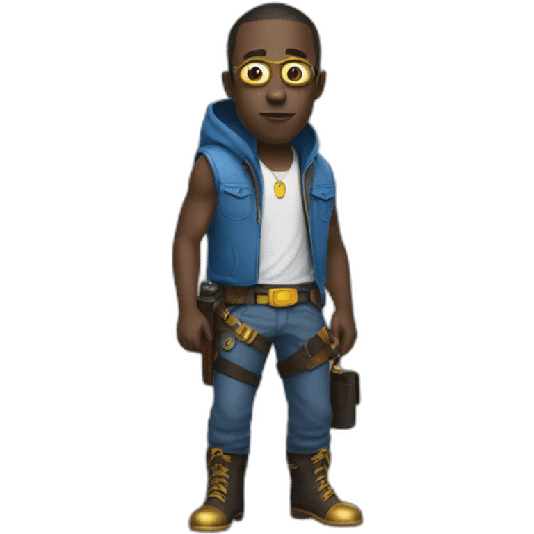 black minion in hood in blue sleeveless shirt with two pistols in his hands with a gold insert on the belt in gray pants and leather boots emoji