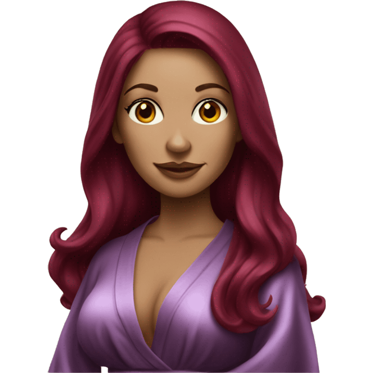 Beautiful tattooed burgundy long haired woman in silk robe emoji